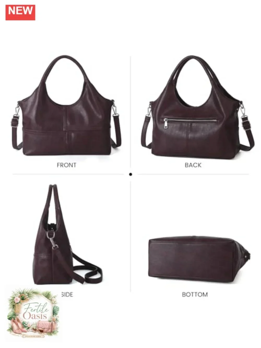 Medium Vegan Leather Tote Hobo Bag with Satchel Strap, Two Handles, Crossbody